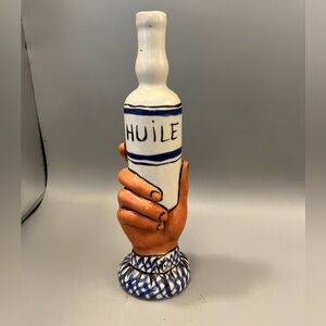 Vintage French Huile Oil Bottle 3-D Hand 10” Tall Country Side Style No Stopper